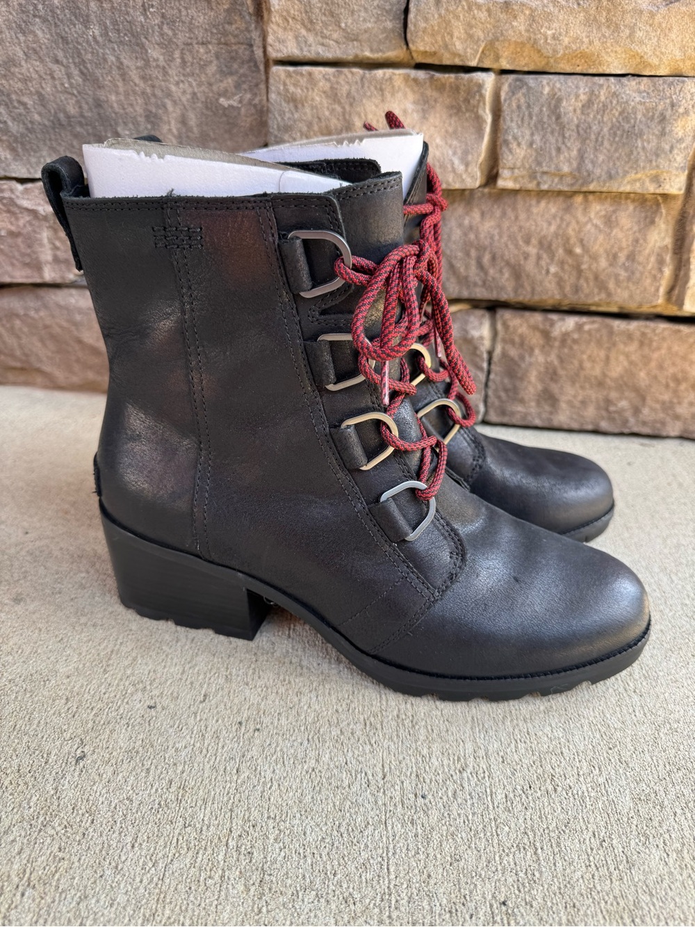 Sorel Cate Lace Ankle Block Heel Boots Black Leather Lace-Up Utility Moto Gorp - Picture 5 of 11